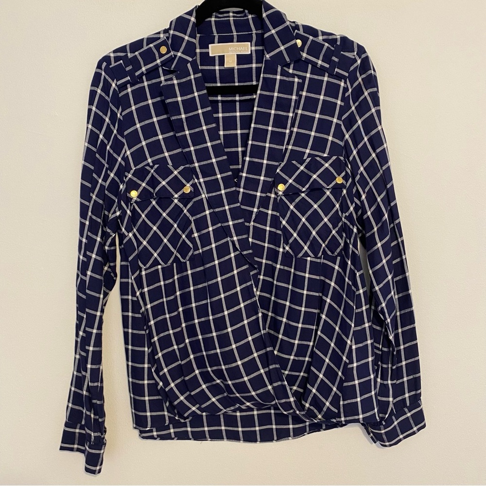 Michael Kors Blue and White Plaid Long Sleeve Work Blouse